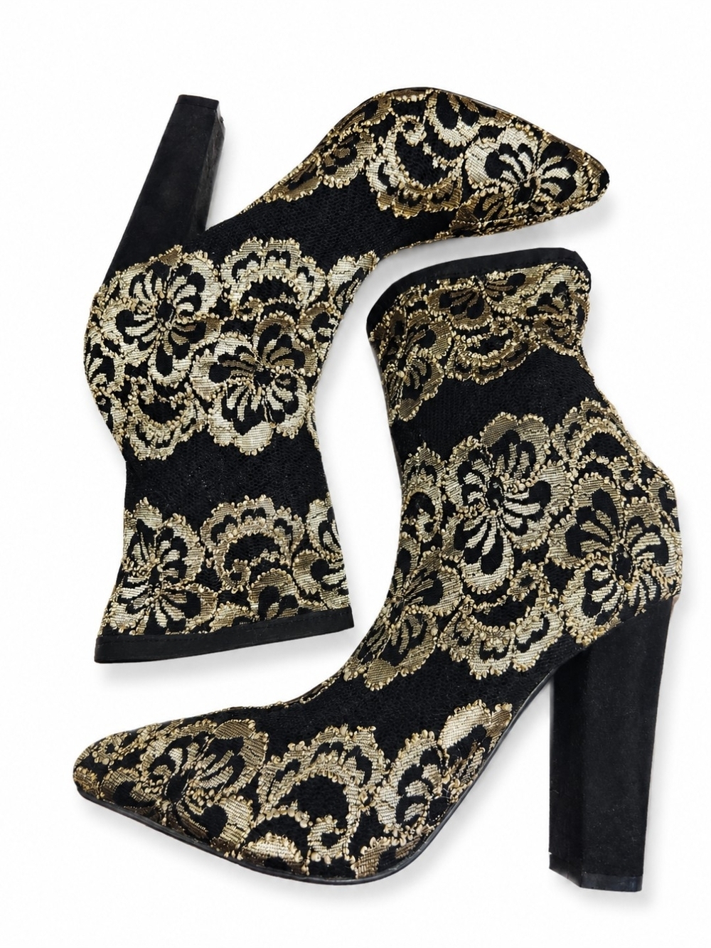 Bamboo Black And Gold Brocade Embroidered Block Heel Ankle Boots Size 10 EUC